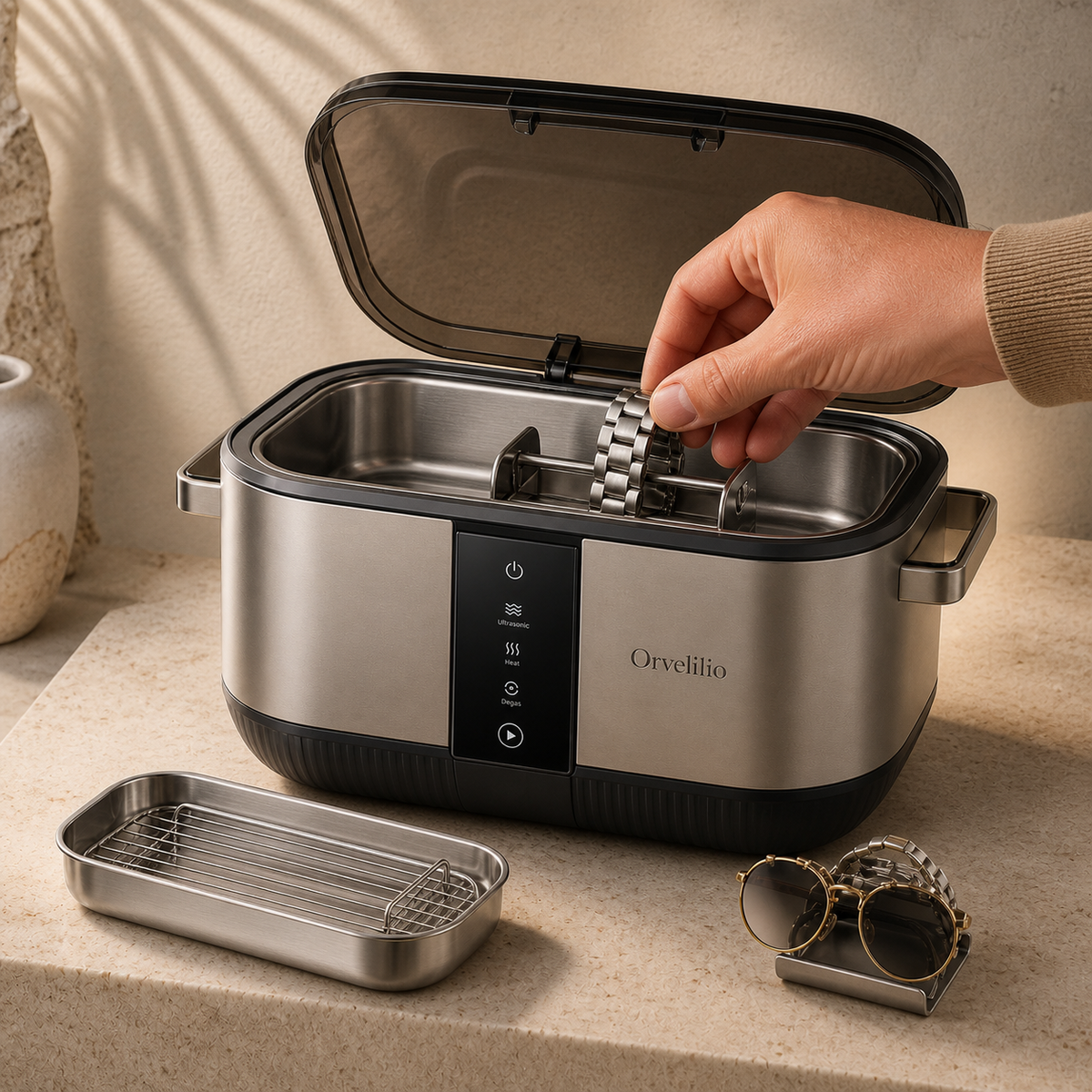 Orvelilio Precision Ultrasonic Cleaner Pro detail and use image