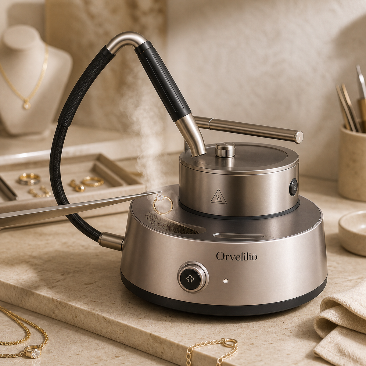 Orvelilio Jewelry Steam Station detail and use image