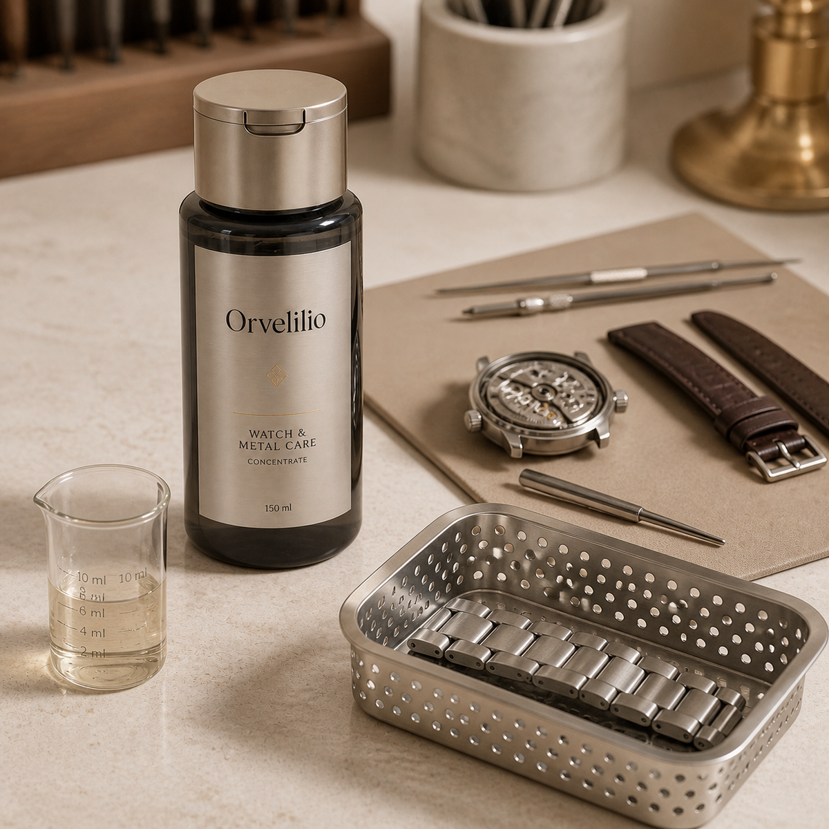 Orvelilio Watch & Metal Care Concentrate detail and use image