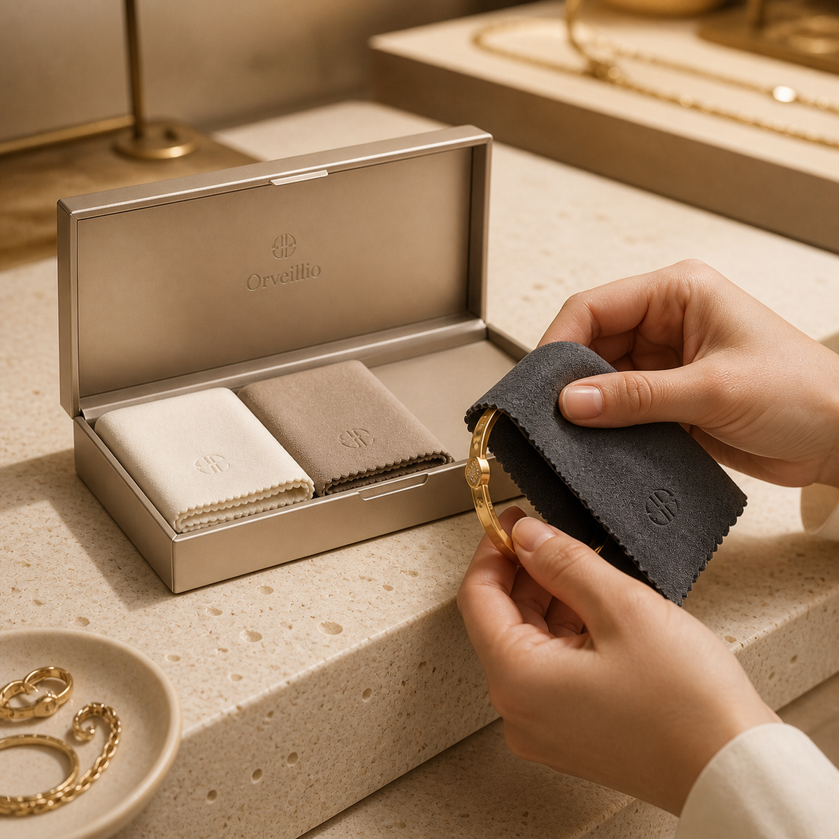 Orvelilio Premium Polishing Cloth Set detail and use image